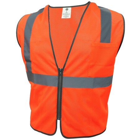 Safety Vest, Breathable Mesh, ANSI Class 2, 2 Pockets, Orange W/Reflective Trim, LG